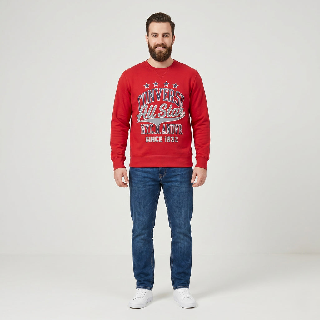 Converse Mens M Sweatshirt Red Cotton Blend Graphic All Stars NYC Crew Neck Top