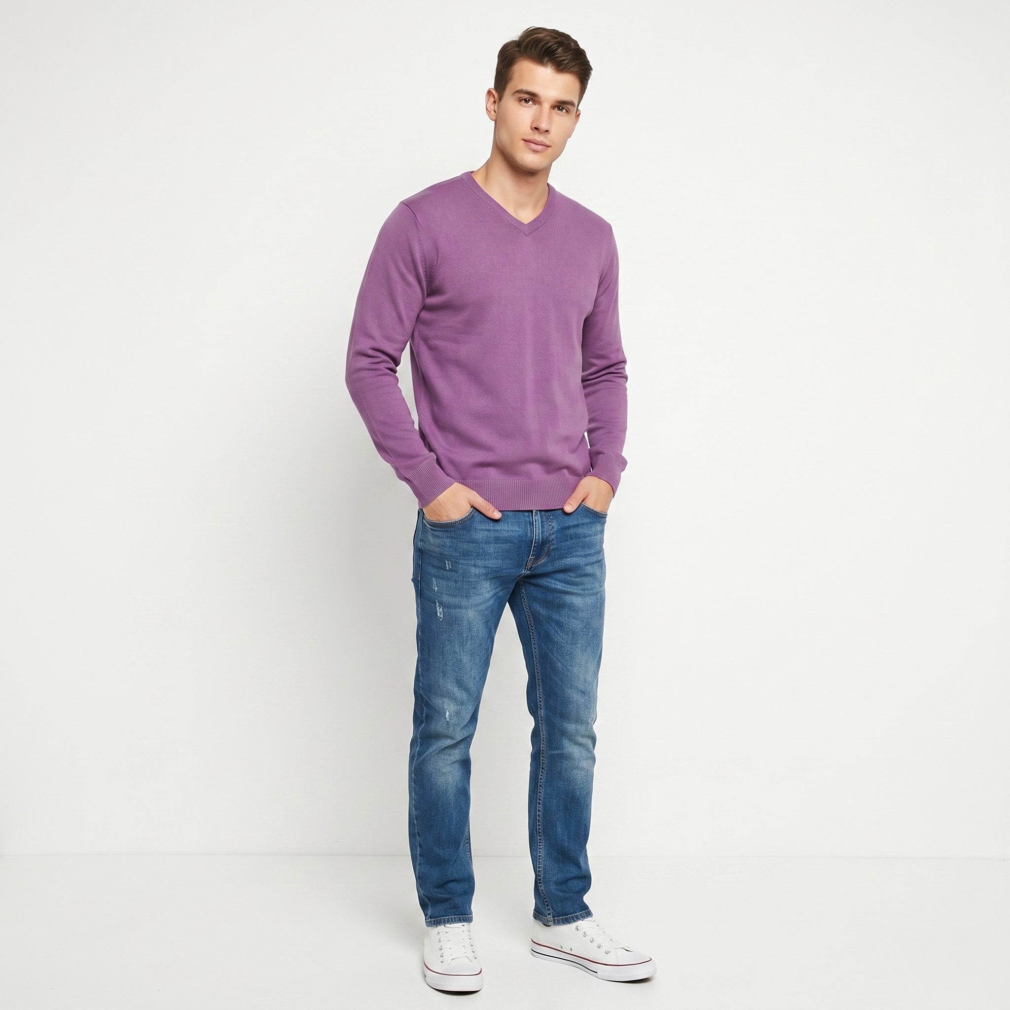 James Pringle Men M Jumper V Neck Purple Sweater Acrylic Classic Top