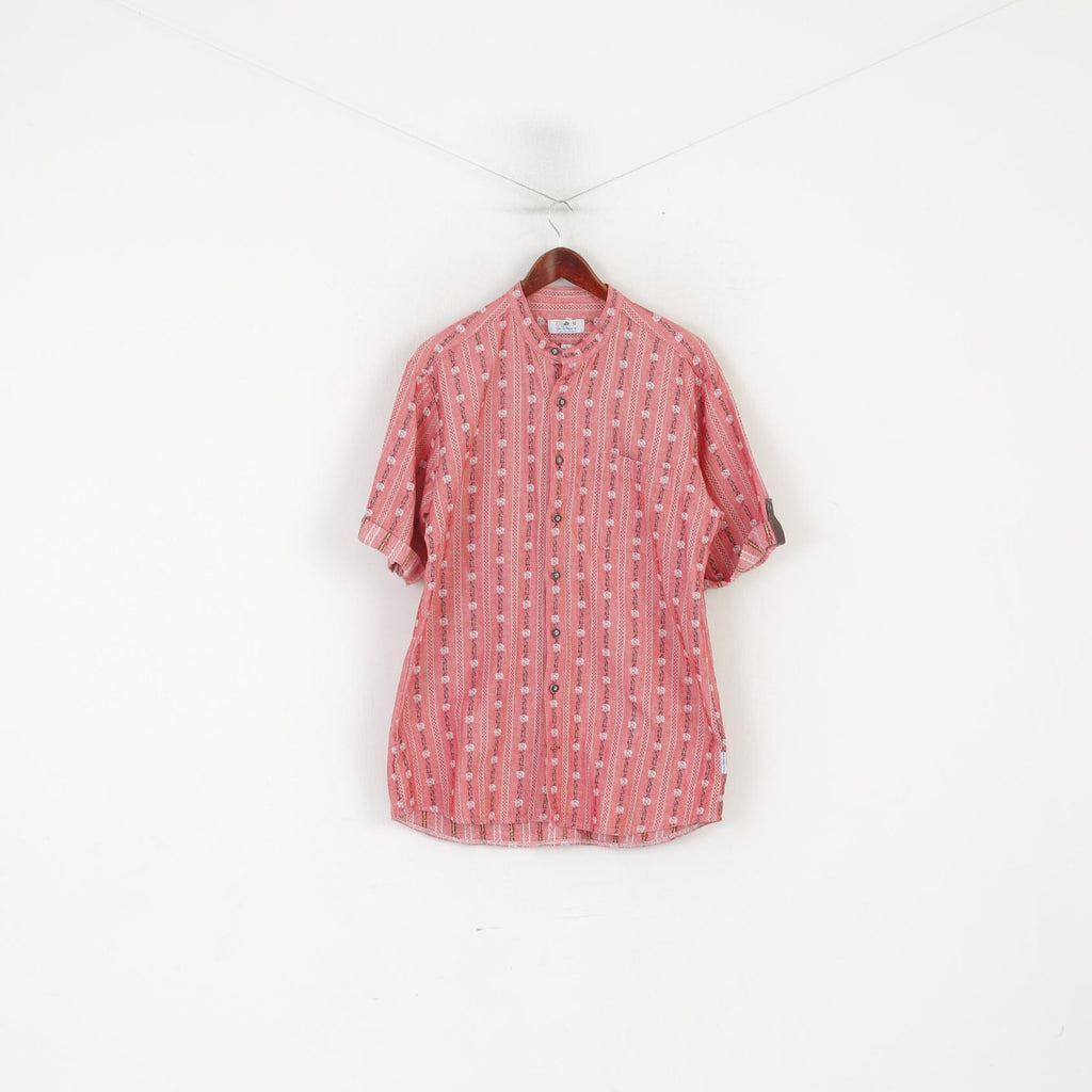 Wenet Textilien Men L Casual Shirt Pink Cotton Emroidered Floral Tyrol Trachten Top