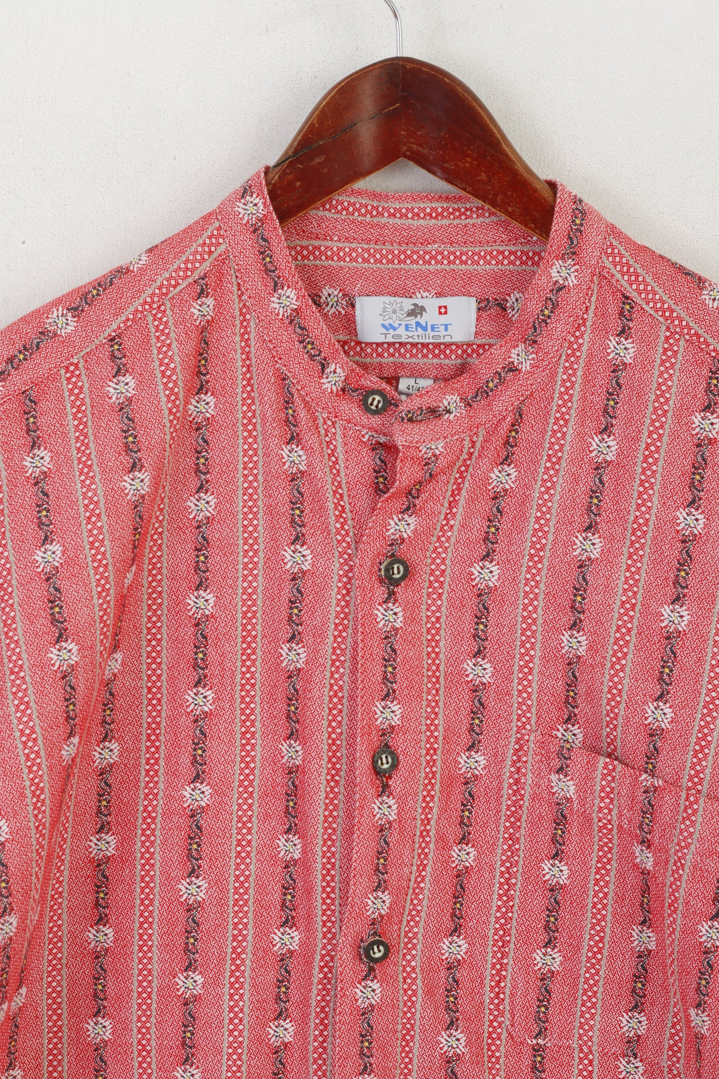 Wenet Textilien Men L Casual Shirt Pink Cotton Emroidered Floral Tyrol Trachten Top