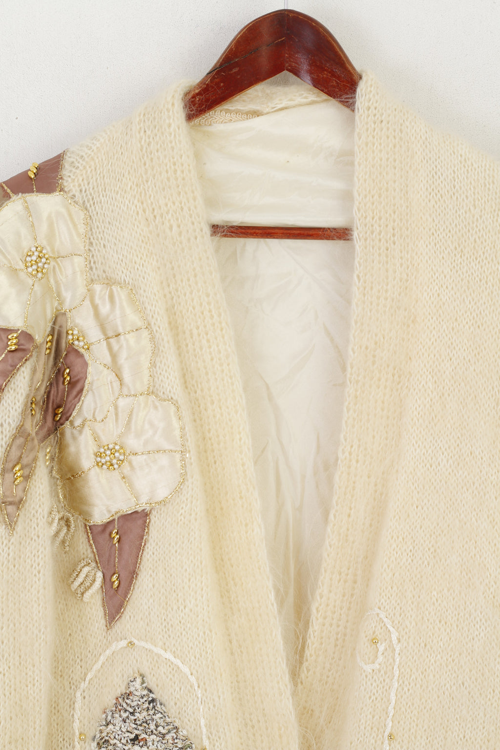 Handarbelt Cardigan Femme L/XL Beige Mohair Pull Brodé Fait Main