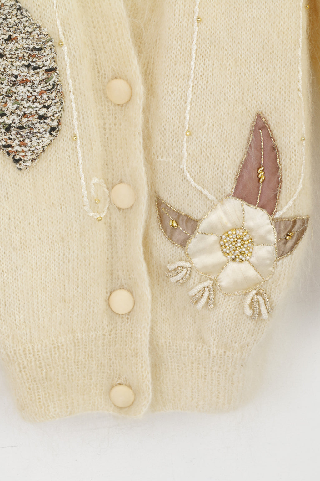 Handarbelt Cardigan Femme L/XL Beige Mohair Pull Brodé Fait Main