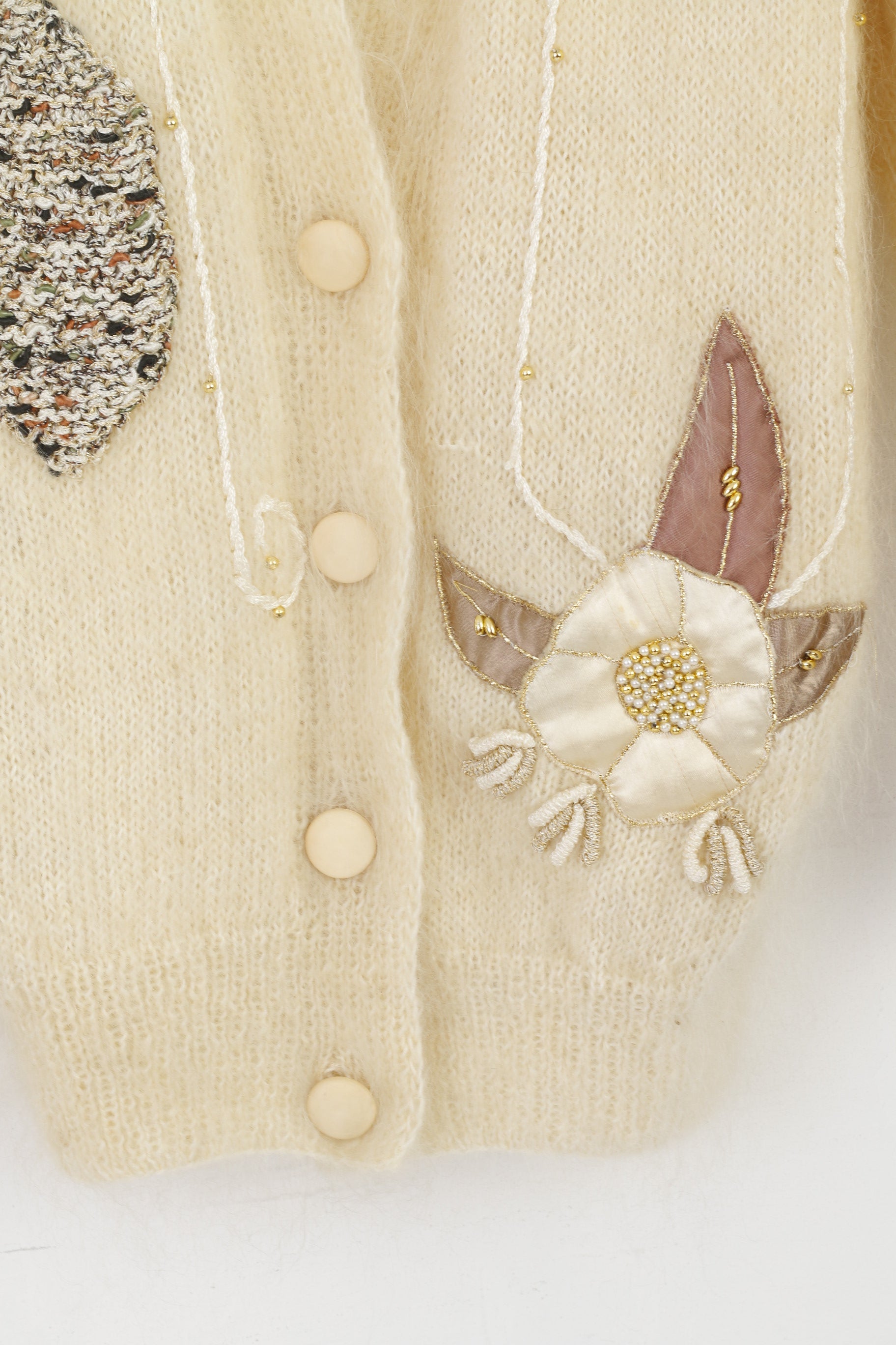 Handarbelt Women L/XL Cardigan Beige Mohair Hand Made Embroidered Sweater