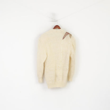 Handarbelt Women L/XL Cardigan Beige Mohair Hand Made Embroidered Sweater