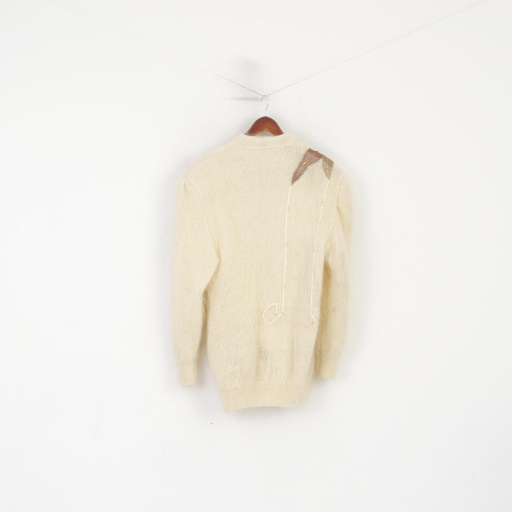 Handarbelt Cardigan Femme L/XL Beige Mohair Pull Brodé Fait Main