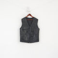 Vintage Men L Waistcoat Black Leather Soft Shiny Zip Up Multi Pockets Vest