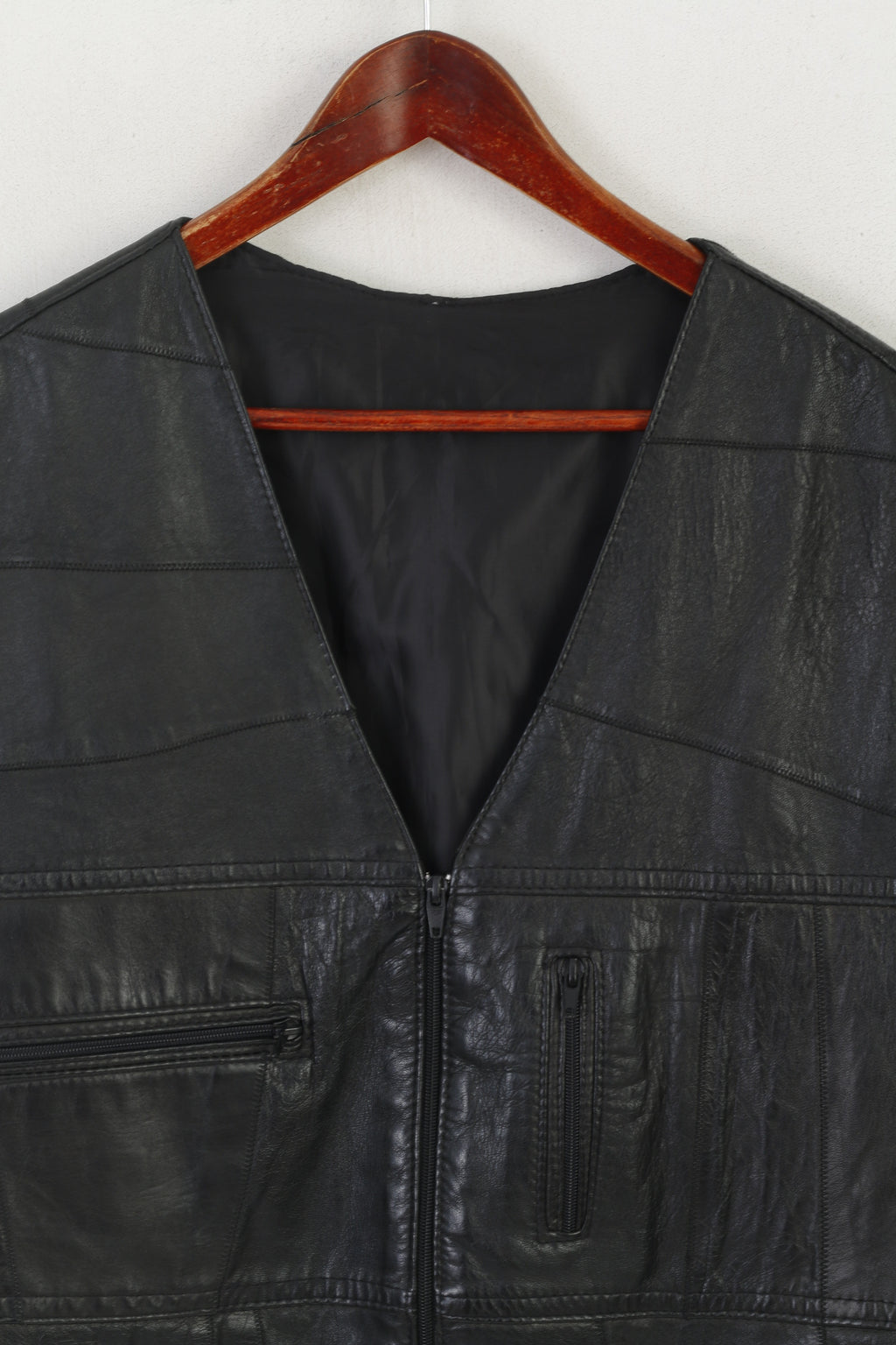 Vintage Men L Waistcoat Black Leather Soft Shiny Zip Up Multi Pockets Vest