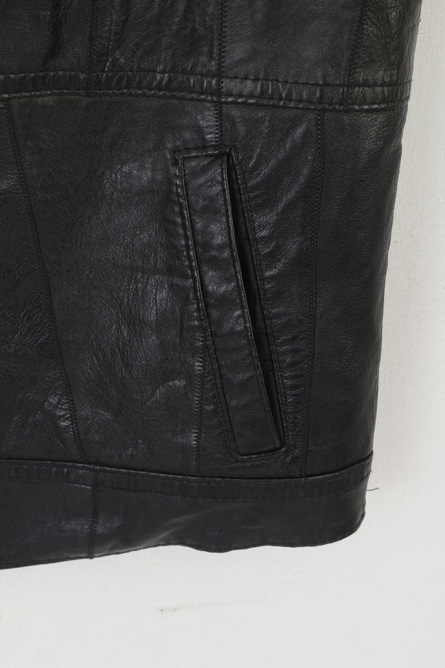 Vintage Men L Waistcoat Black Leather Soft Shiny Zip Up Multi Pockets Vest