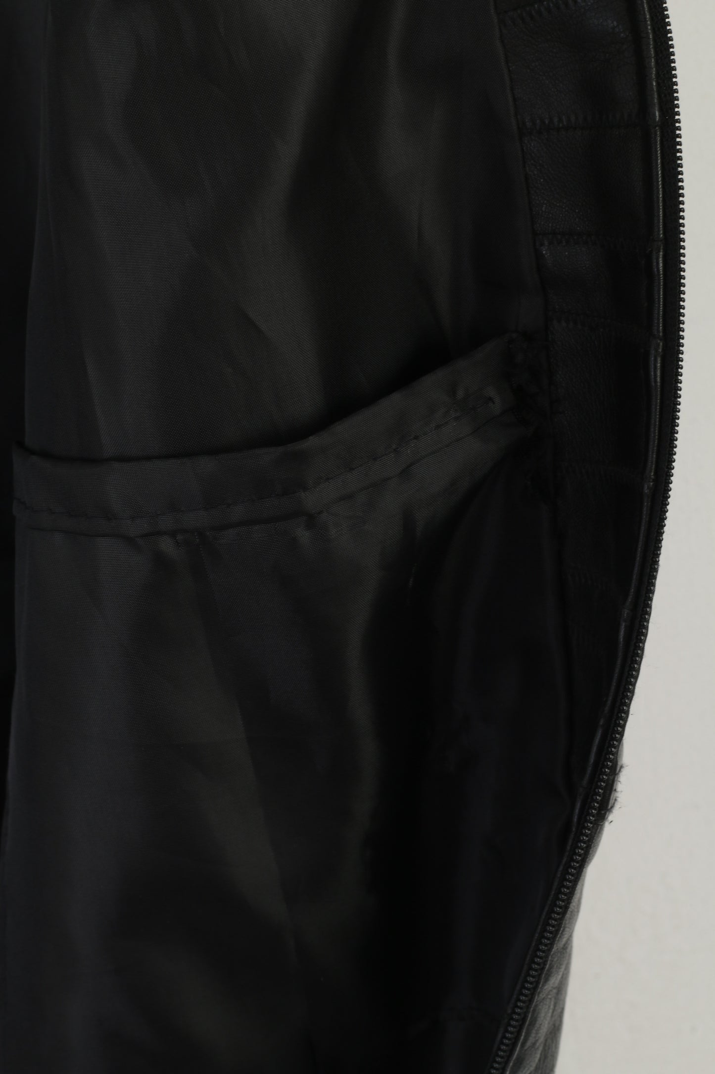 Vintage Men L Waistcoat Black Leather Soft Shiny Zip Up Multi Pockets Vest