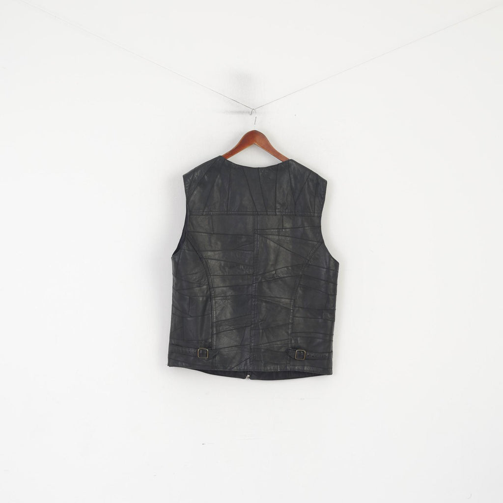 Vintage Men L Waistcoat Black Leather Soft Shiny Zip Up Multi Pockets Vest