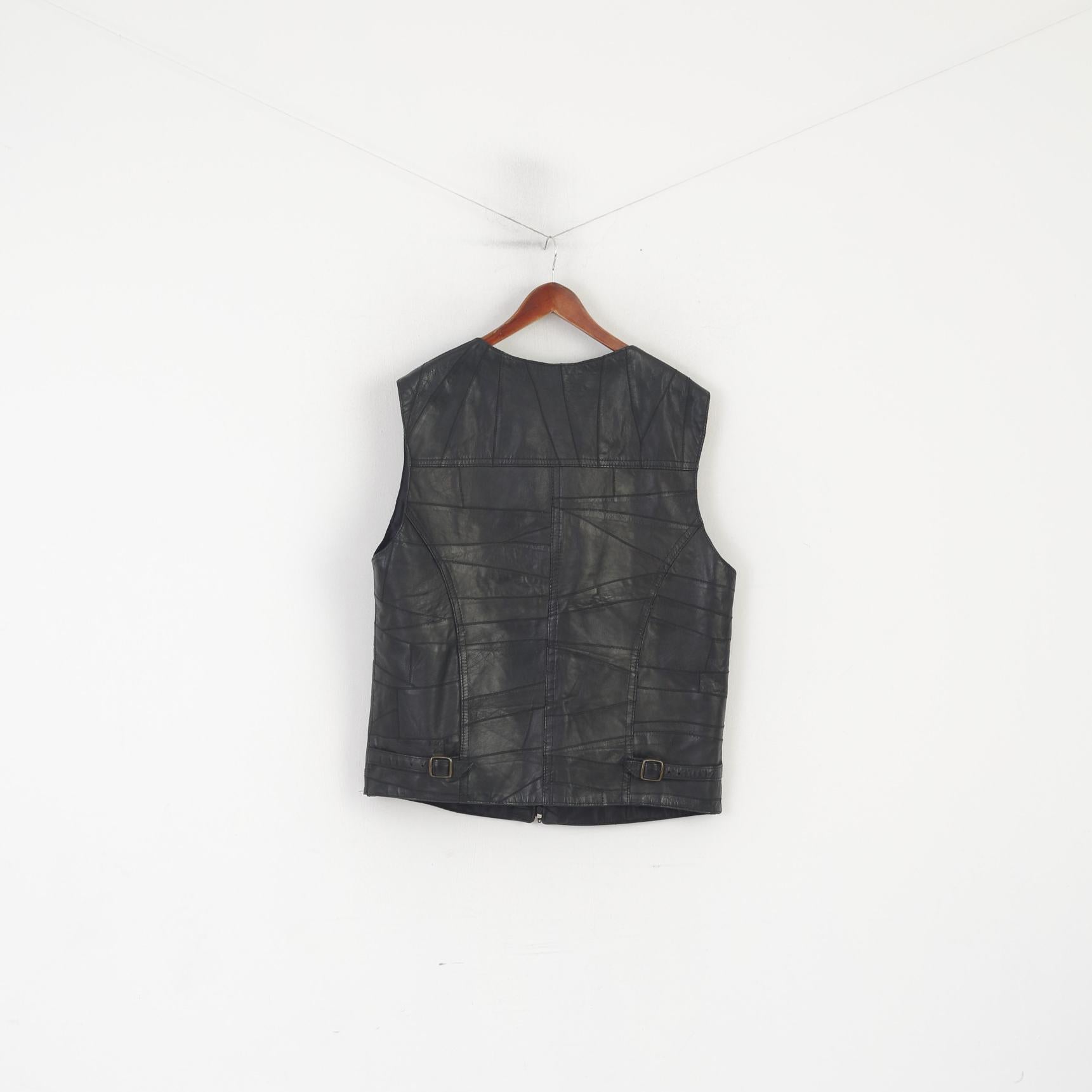 Vintage Men L Waistcoat Black Leather Soft Shiny Zip Up Multi Pockets Vest