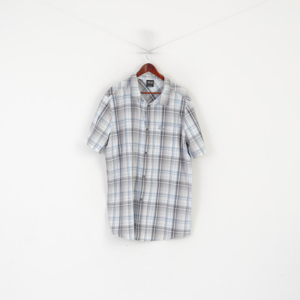 Jack Wolfskin Men 3XL Casual Shirt Gray Cotton Check Outdoor Short Sleeve Top