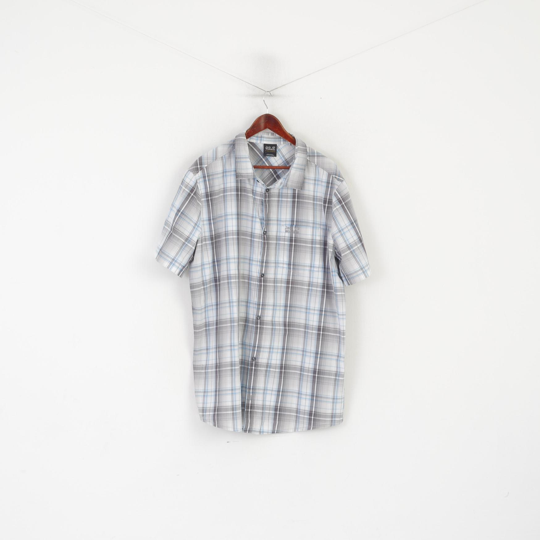 Jack Wolfskin Men 3XL Casual Shirt Gray Cotton Check Outdoor Short Sleeve Top