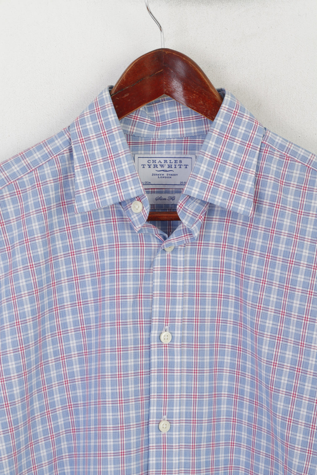 Charles Tyrwhitt Men 15.5 39 M Casual Shirt Blue Cotton Checkered Long Sleeve Top