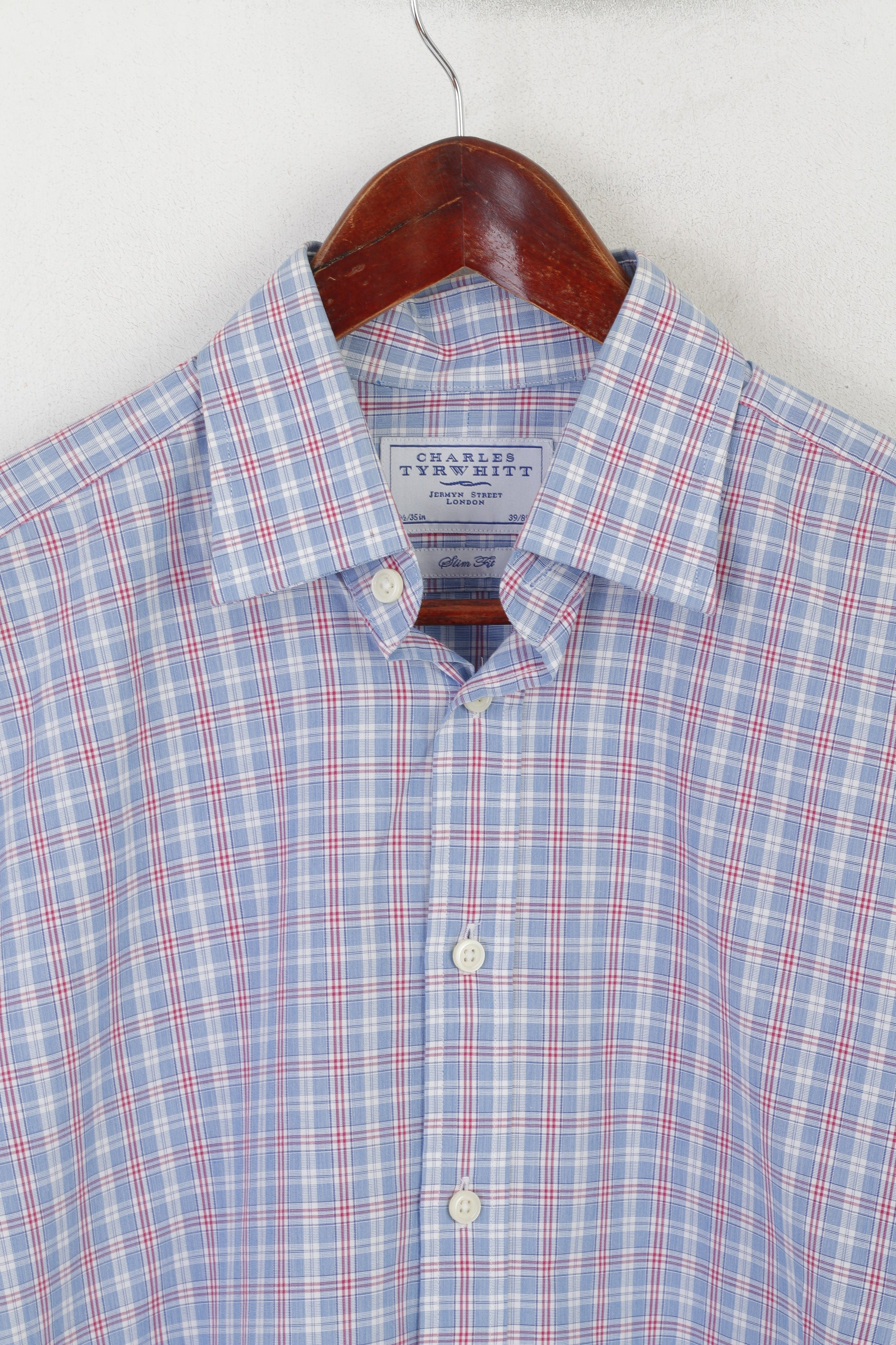 Charles Tyrwhitt Men 15.5 39 M Casual Shirt Blue Cotton Checkered Long Sleeve Top