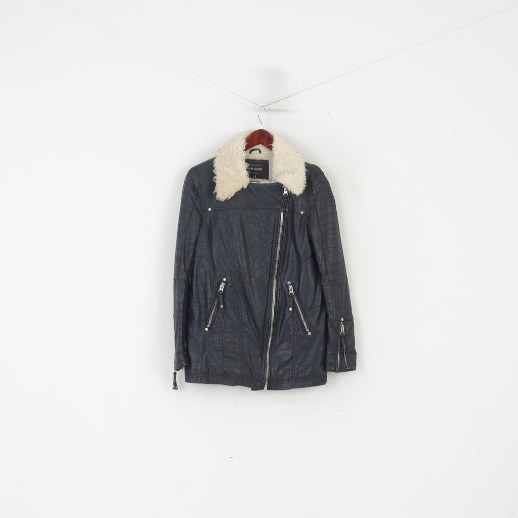 River Island Women 8 34 XS Jacket Black Biker Padded Ramones Full Zipper Top