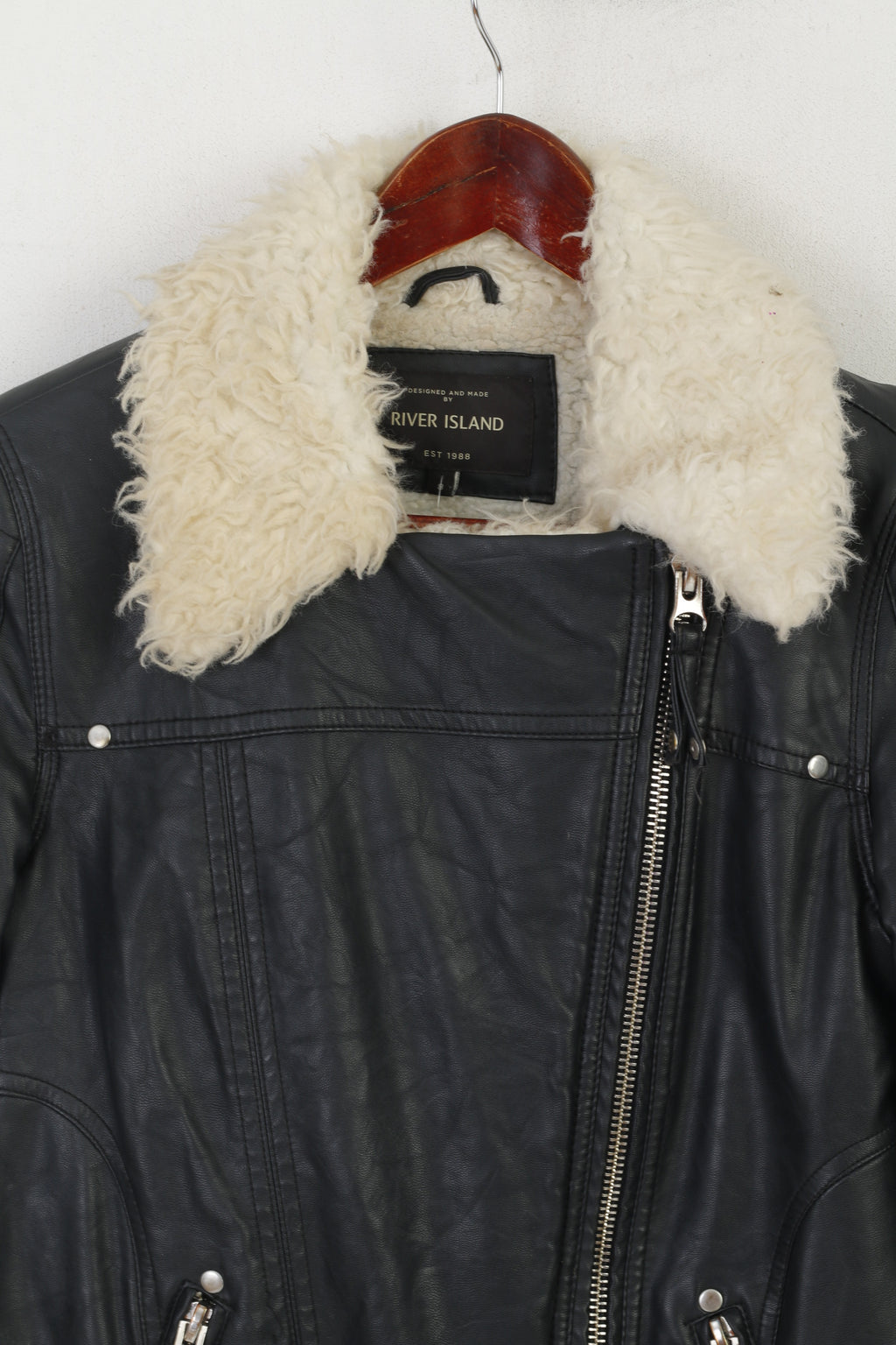 River Island Women 8 34 XS Jacket Black Biker Padded Ramones Full Zipper Top