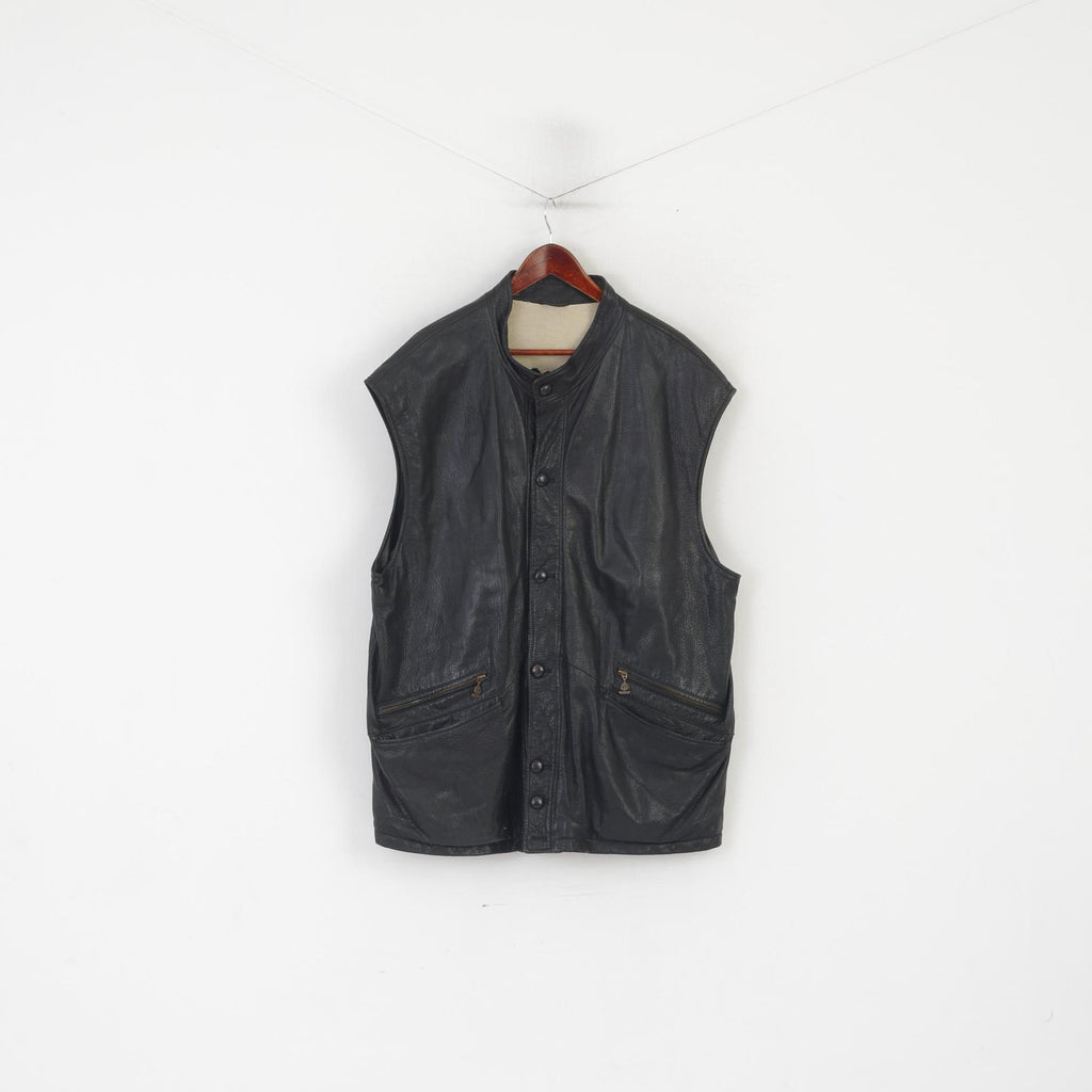 Kapraun Homme XL Gilet Noir Cuir Brillant Boutonné Biker Doublé Laine Mérinos Gilet