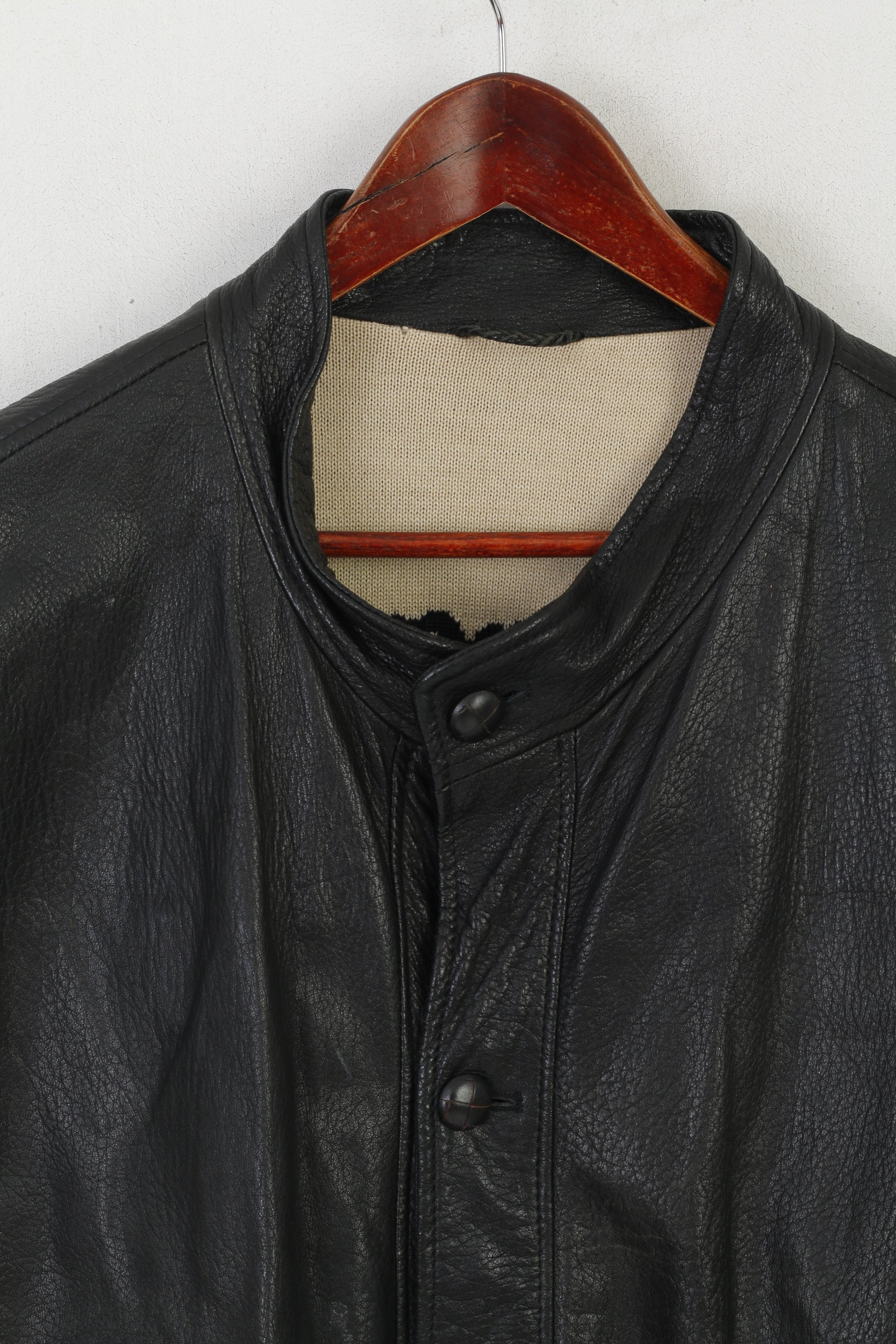 Kapraun Men XL Waistcoat Black Shiny Leather Buttoned Biker Merino Wool Lined Vest