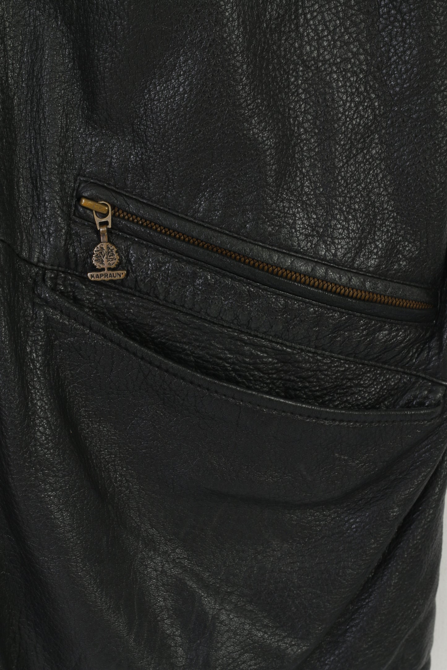 Kapraun Men XL Waistcoat Black Shiny Leather Buttoned Biker Merino Wool Lined Vest