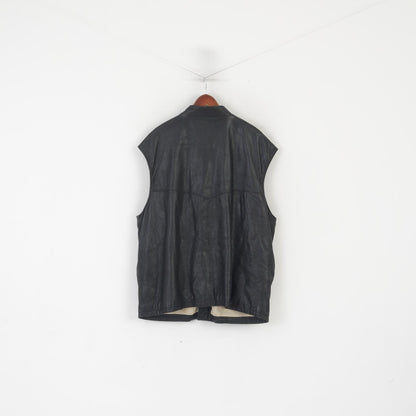 Kapraun Men XL Waistcoat Black Shiny Leather Buttoned Biker Merino Wool Lined Vest