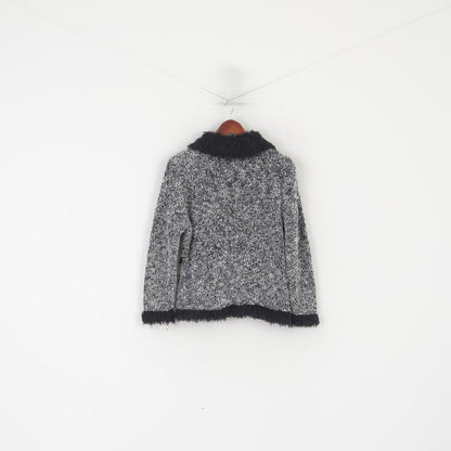 Elizabeth Scott Women S Cardigan Gray Black Full Zipper Boho Fur Collar Sweater