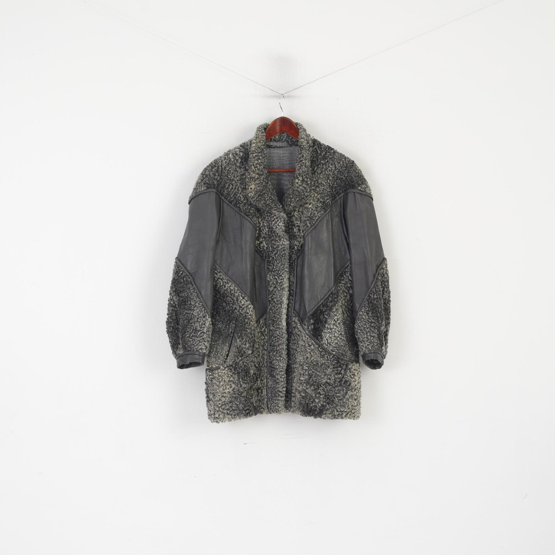 Vintage femmes L veste gris cuir fourrure manches bouffantes Bomber Boho haut classique