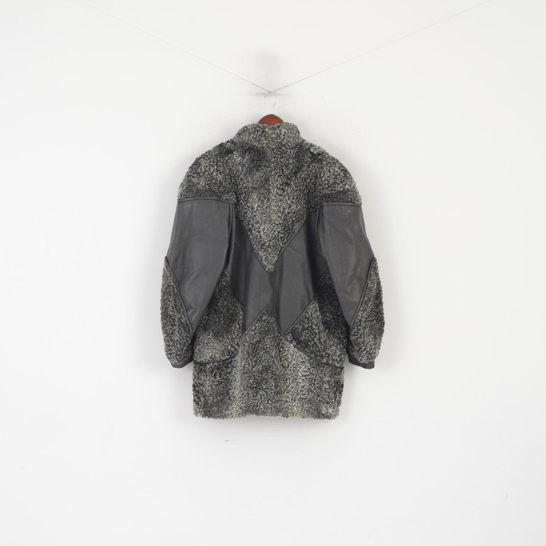 Vintage femmes L veste gris cuir fourrure manches bouffantes Bomber Boho haut classique