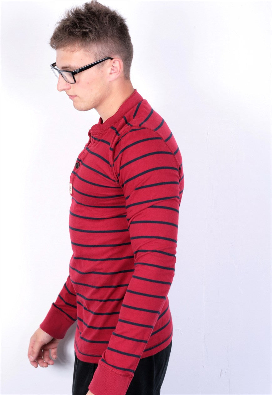 Hollister Mens M T-Shirt Long Sleeve Red Cotton Striped - RetrospectClothes