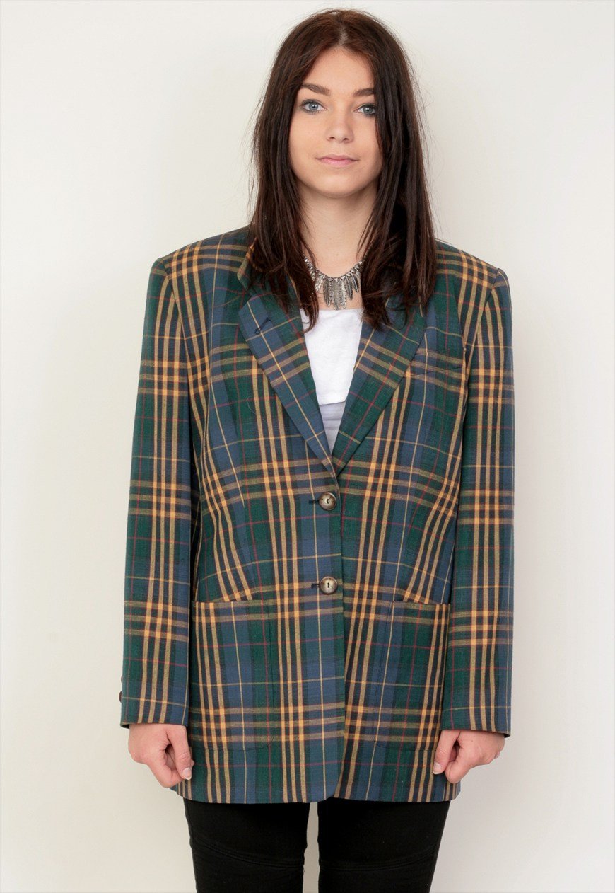 Gerry Weber Giacca da donna 40 M Blazer verde in lino scozzese vintage anni '90