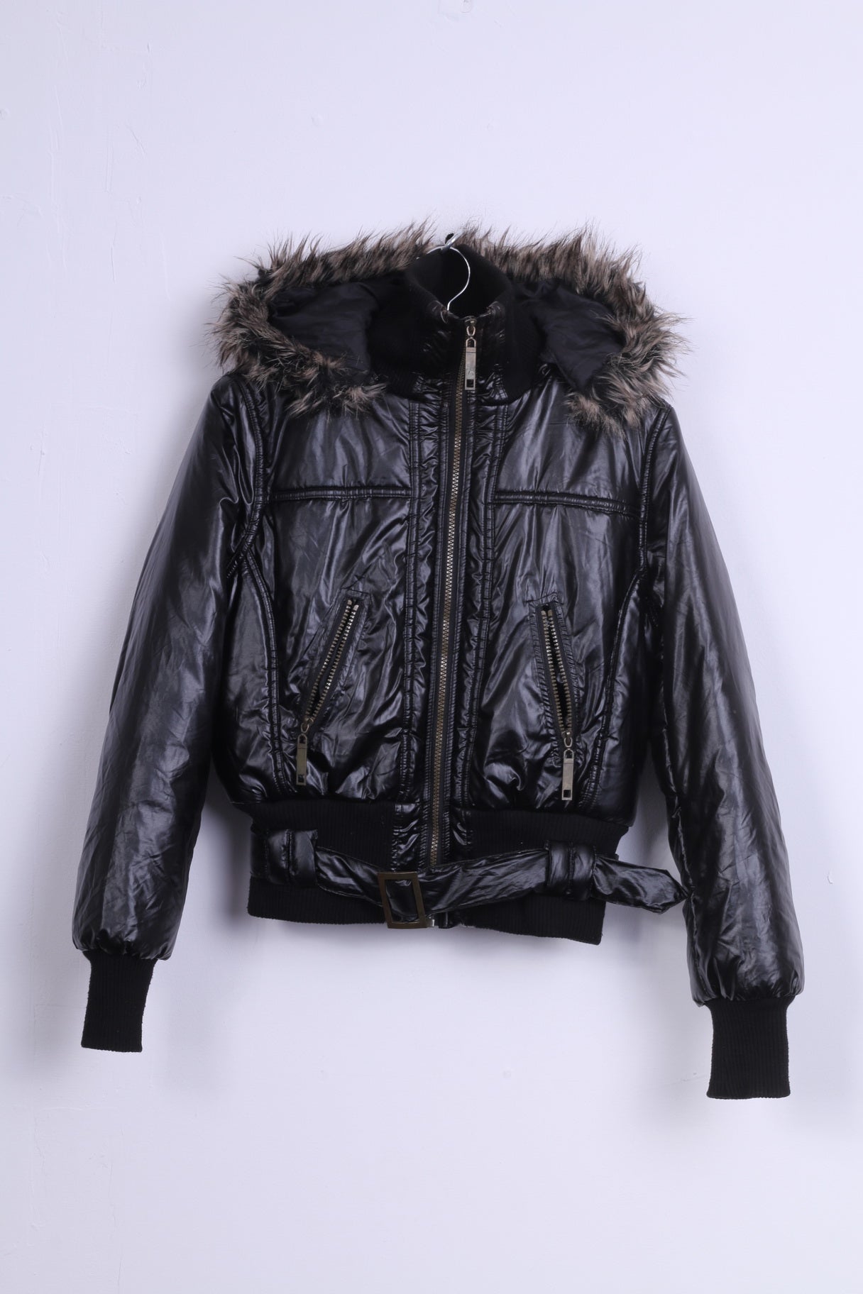 Ere Fashion Womens M Jacket Shiny Black Padded Hood Fur Biker Top