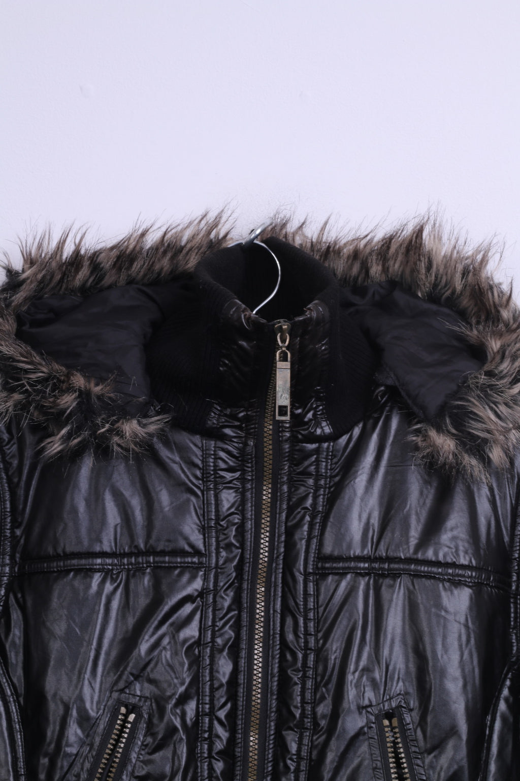 Ere Fashion Veste M pour femme Noir brillant avec capuche rembourrée en fourrure