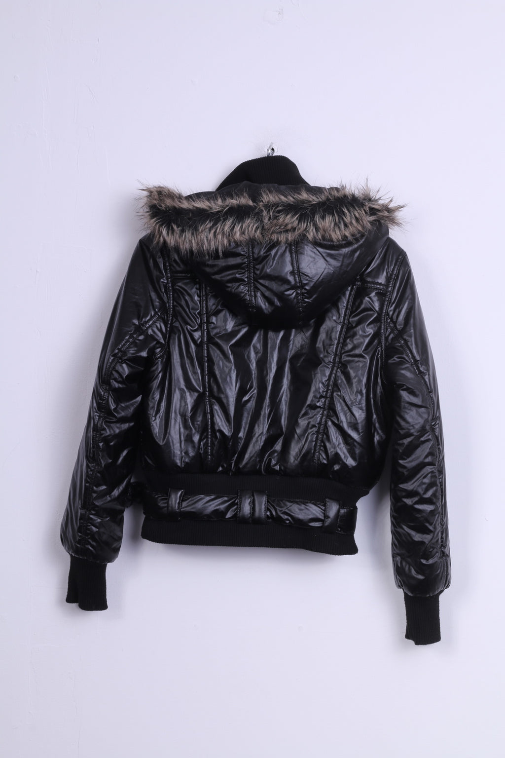 Ere Fashion Veste M pour femme Noir brillant avec capuche rembourrée en fourrure