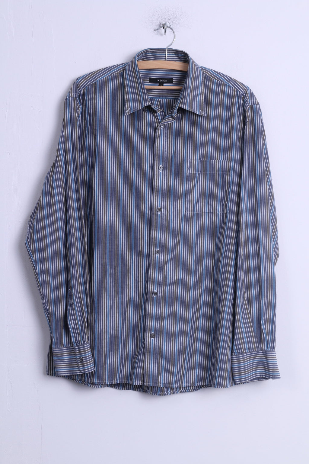 Jaeger Mens L Casual Shirt Blue Cotton Striped Button Down Collar Long Sleeve