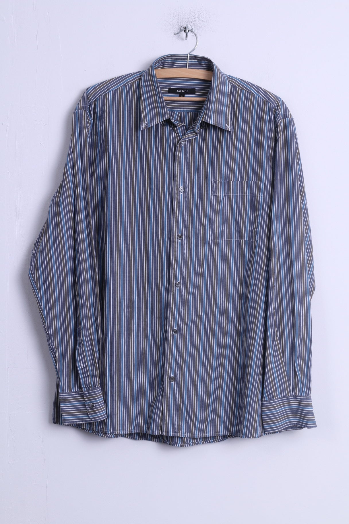 Jaeger Mens L Casual Shirt Blue Cotton Striped Button Down Collar Long Sleeve