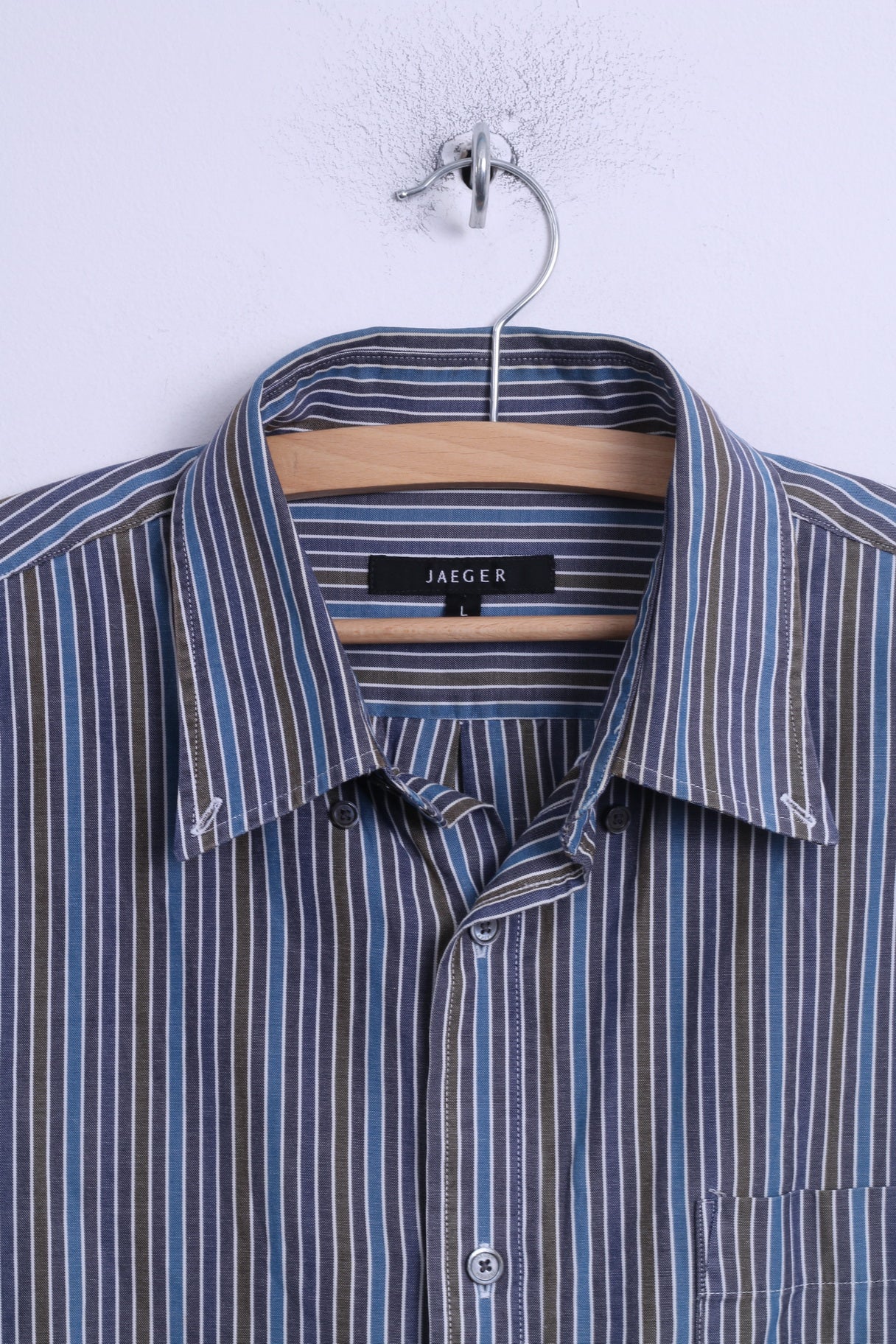 Jaeger Mens L Casual Shirt Blue Cotton Striped Button Down Collar Long Sleeve