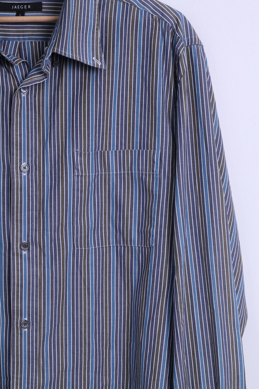 Jaeger Mens L Casual Shirt Blue Cotton Striped Button Down Collar Long Sleeve