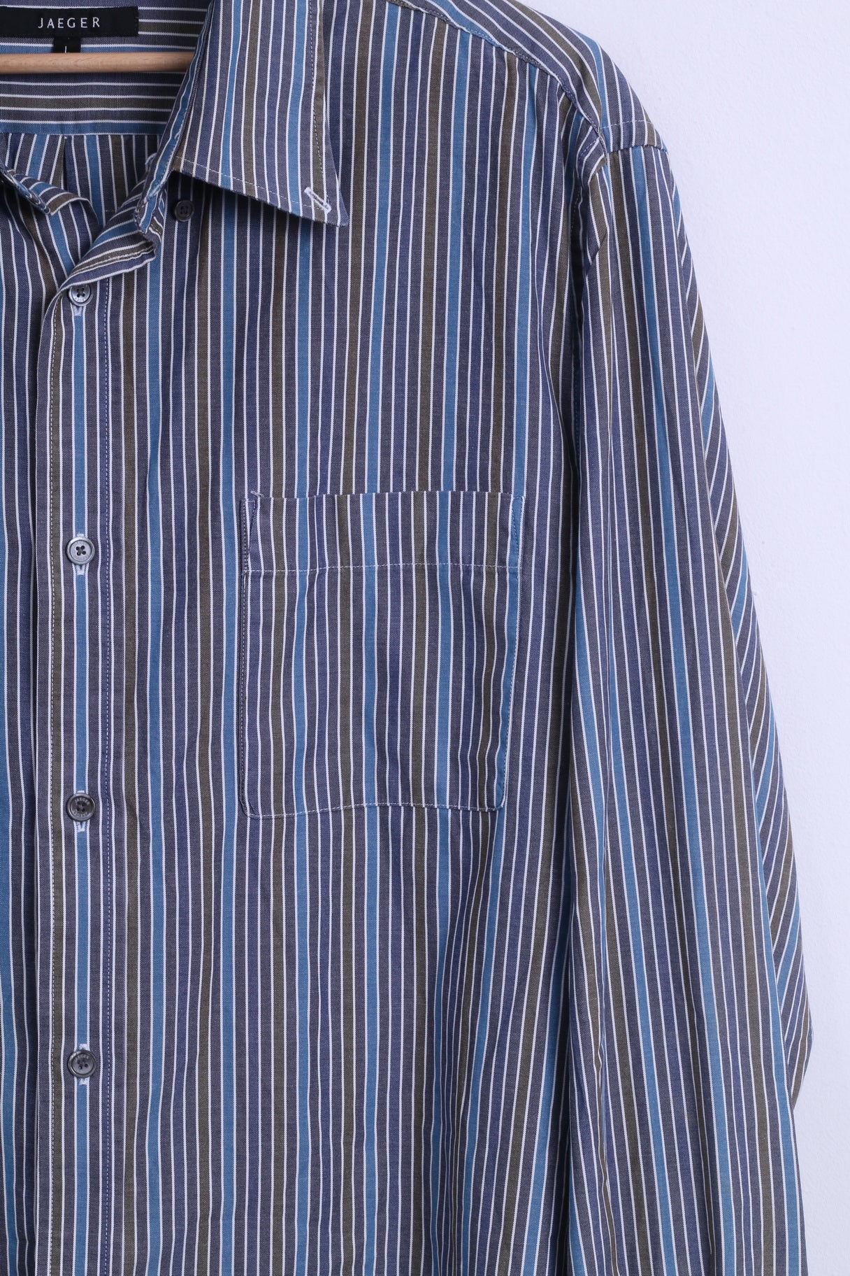 Jaeger Mens L Casual Shirt Blue Cotton Striped Button Down Collar Long Sleeve