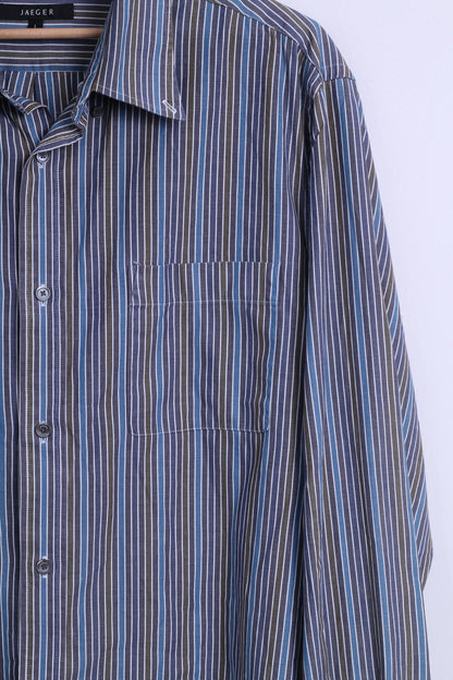 Camicia casual da uomo Jaeger L, colletto button down a righe in cotone blu, manica lunga