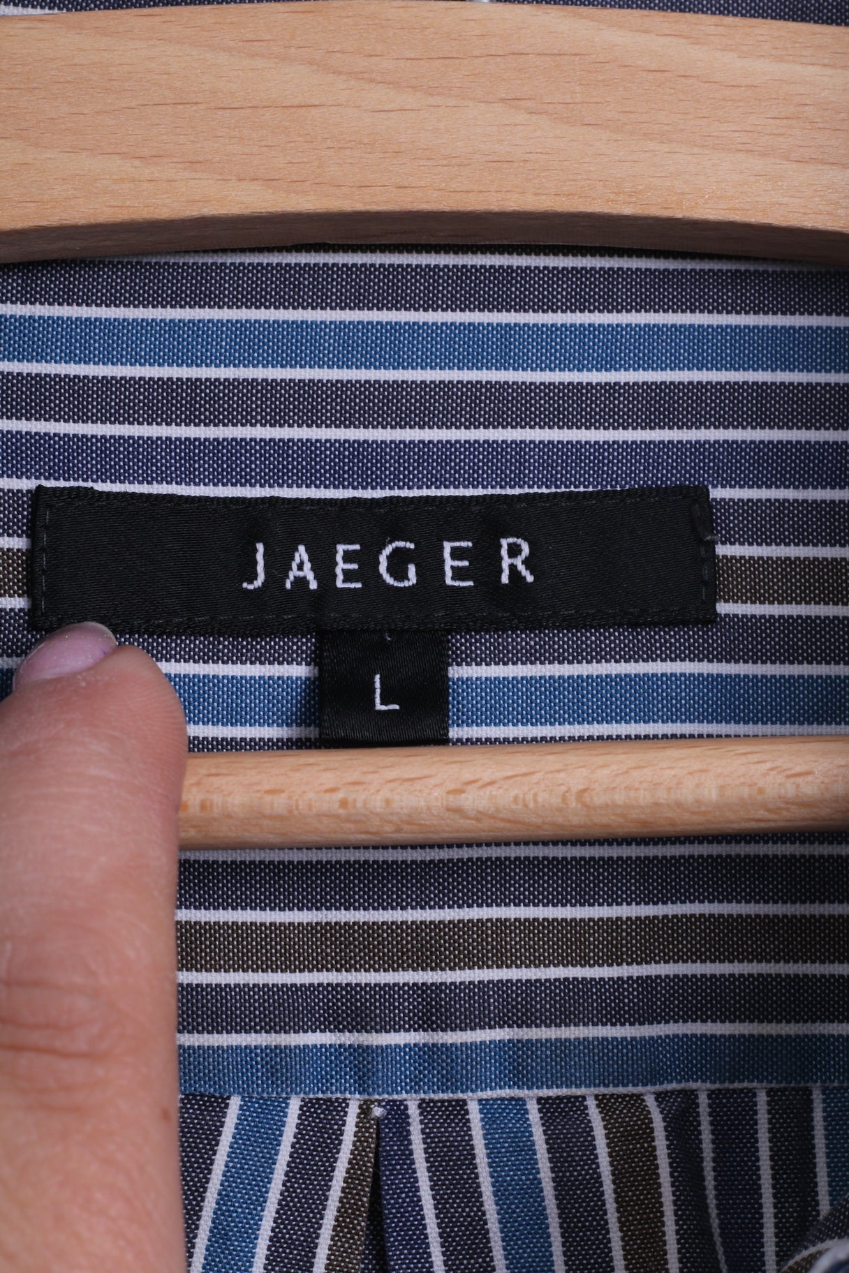 Jaeger Mens L Casual Shirt Blue Cotton Striped Button Down Collar Long Sleeve