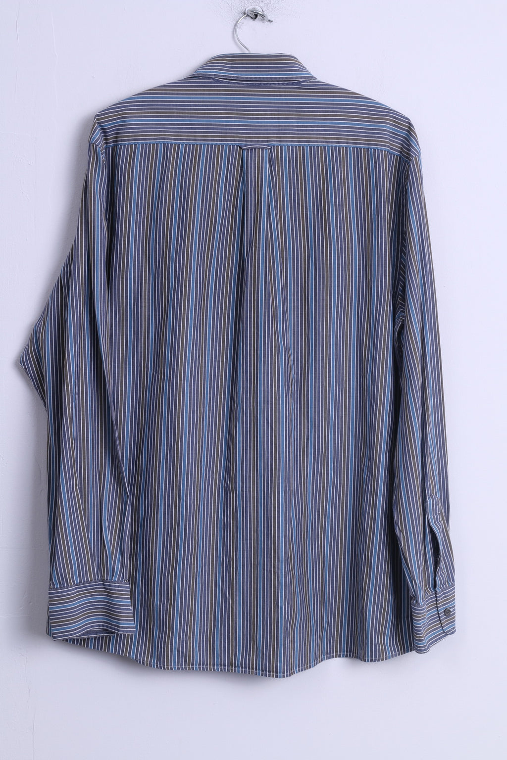 Jaeger Mens L Casual Shirt Blue Cotton Striped Button Down Collar Long Sleeve