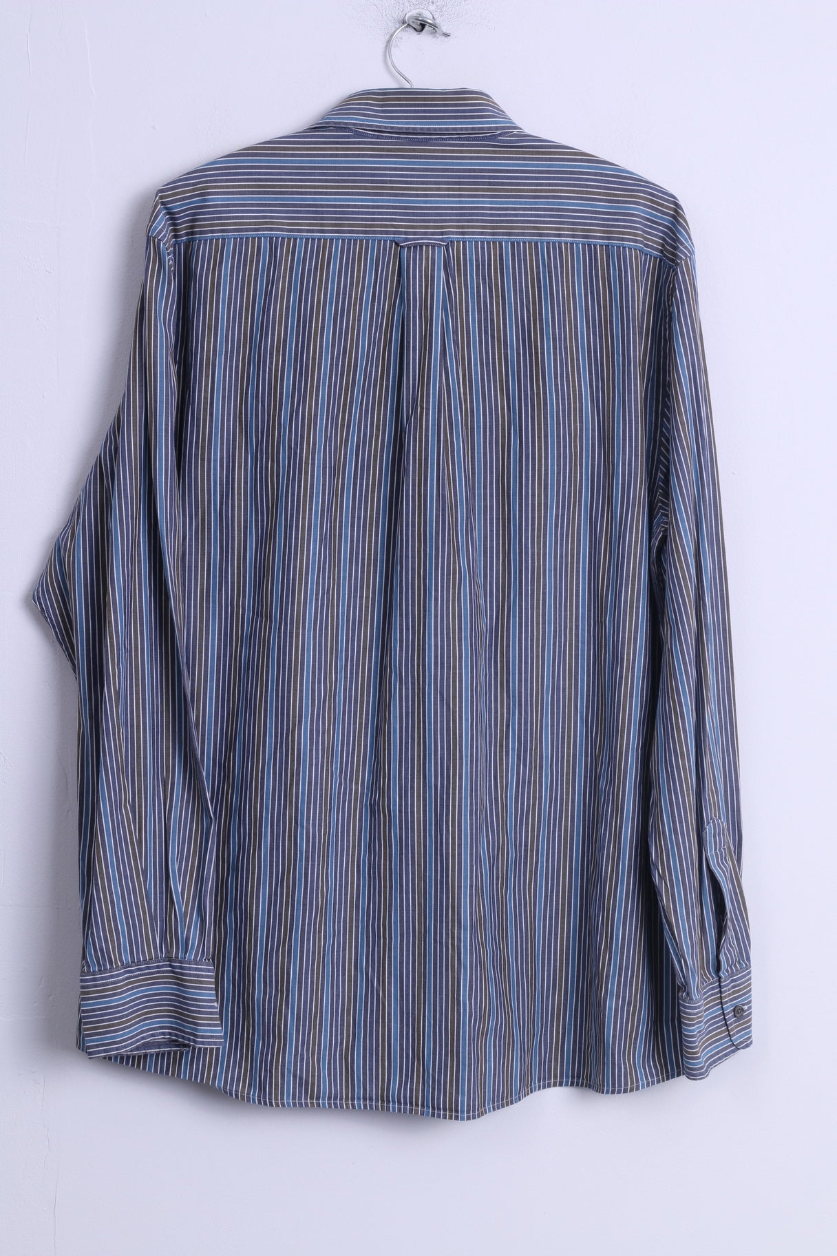 Jaeger Mens L Casual Shirt Blue Cotton Striped Button Down Collar Long Sleeve