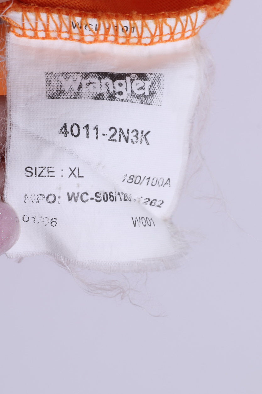 Wrangler Mens XL T-Shirt Orange Cotton Crew Neck Amazon Embroidered Back