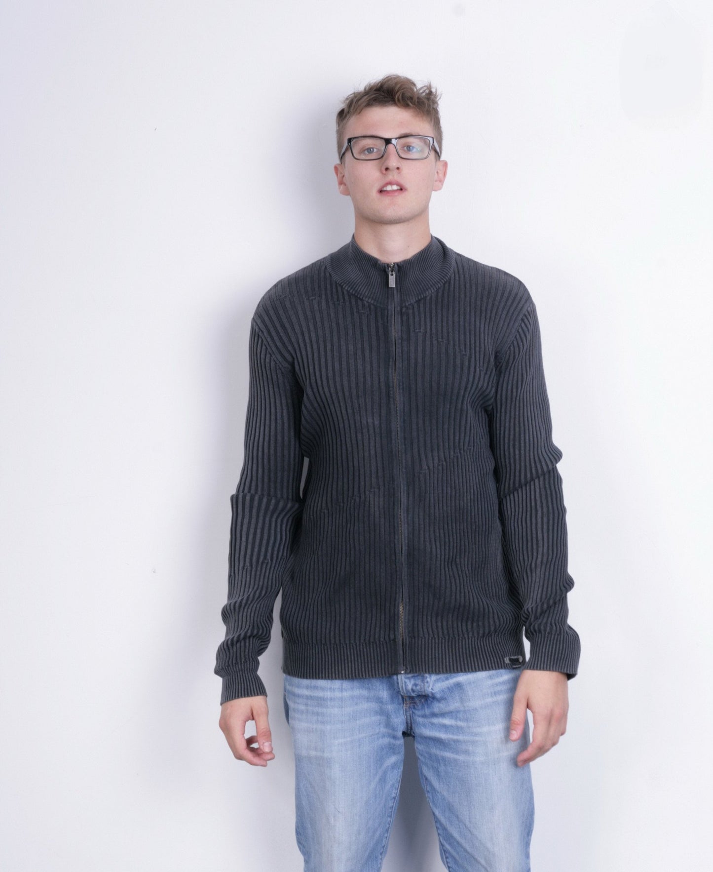 Calvin Klein Jeans Men XXL (XL) Cardigan Gray Faded Vintage Cotton Zip Up Stretch Sweater