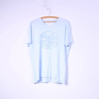 Replay Mens XL T-Shirt Light Blue Cotton Crew Neck Top