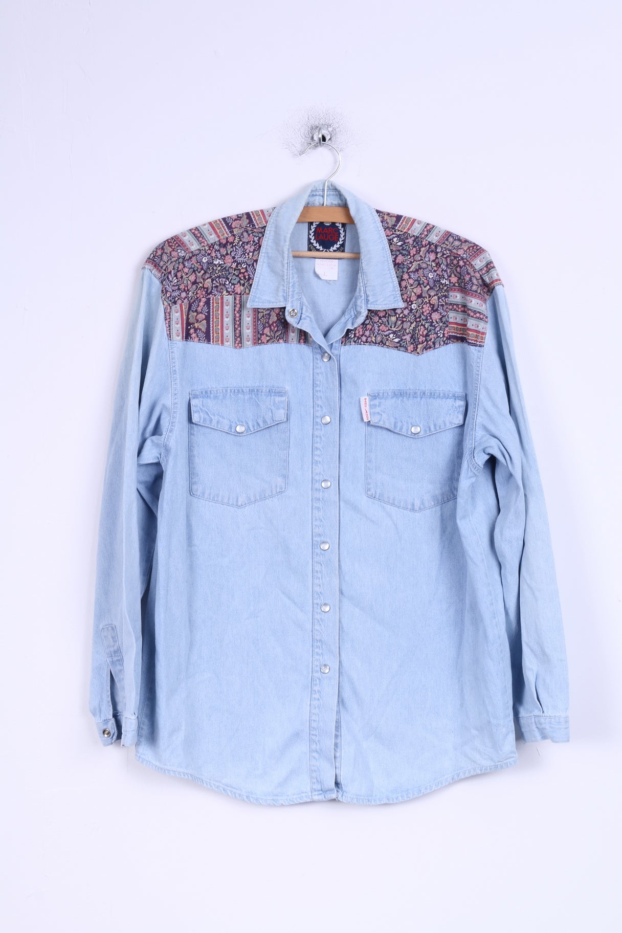 Marc Lauge Womens L Casual Shirt Blue Jeans Flowers Denim Cotton Italy