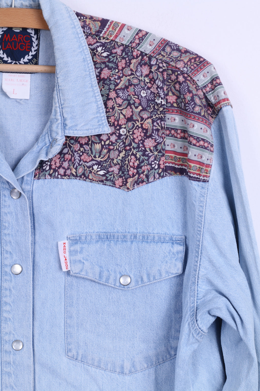 Marc Lauge Femme L Chemise décontractée Bleu Jeans Fleurs Denim Coton Italie