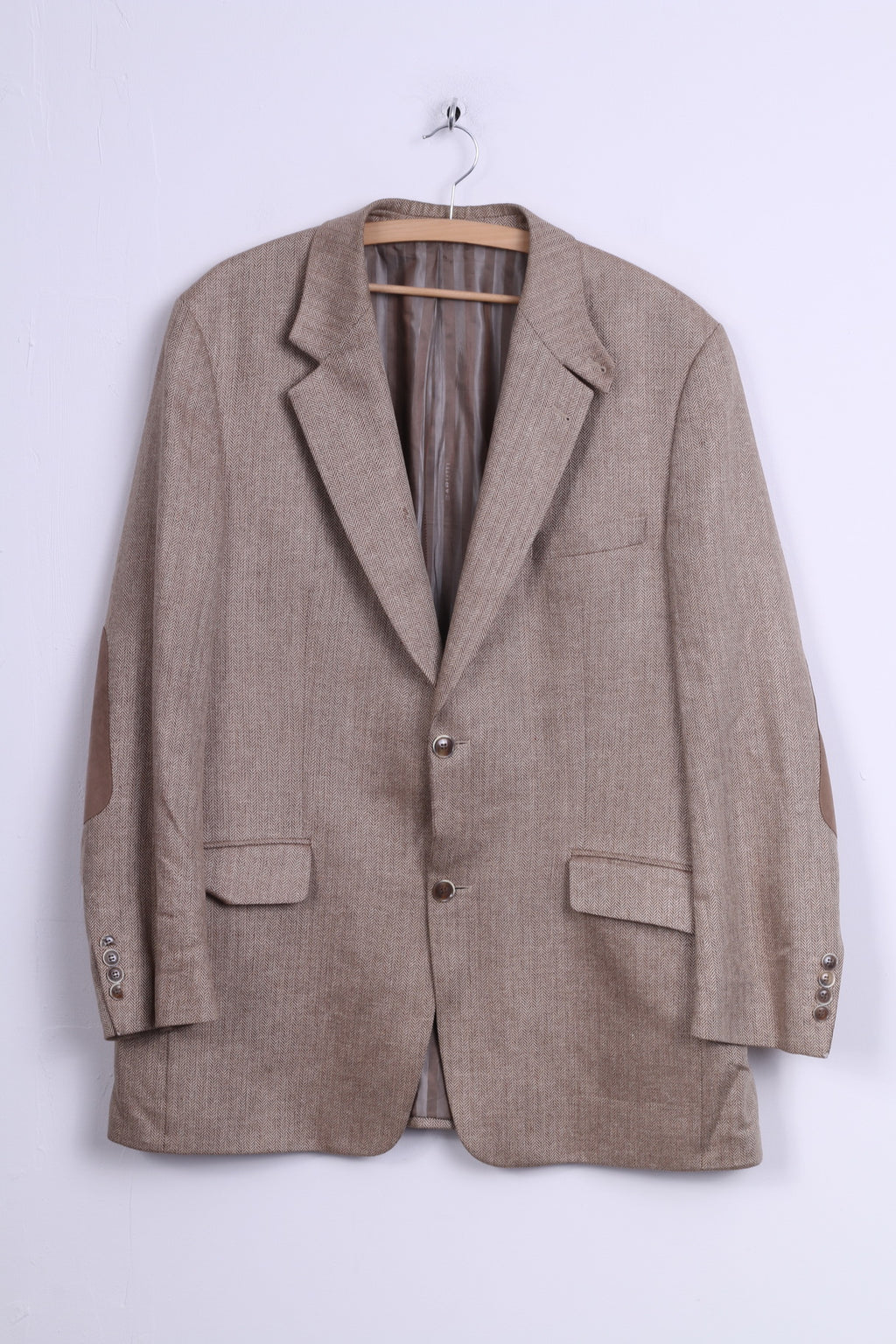 Mario Barutti Mens 54 XL Blazer Beige Silk Herringbone Pads Single Breasted Jacket