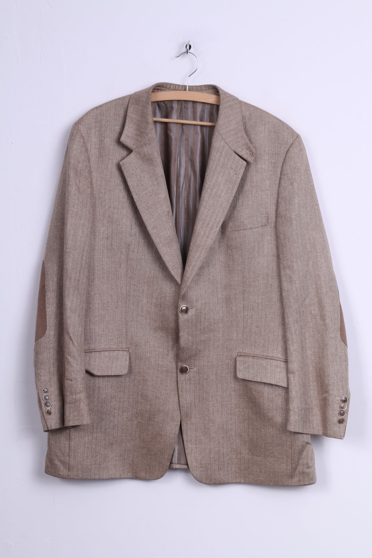 Mario Barutti Mens 54 XL Blazer Beige Silk Herringbone Pads Single Breasted Jacket