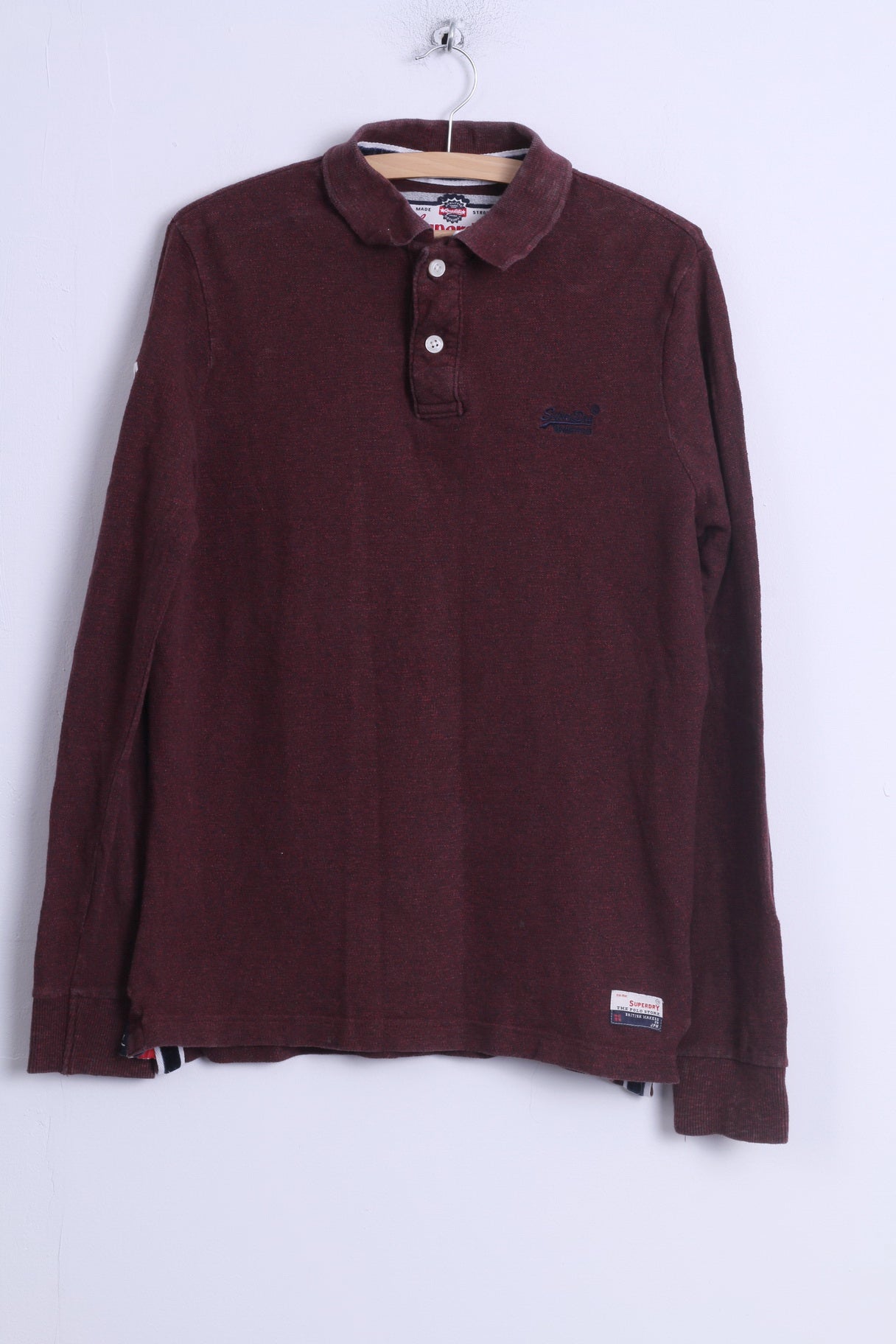 Superdry Mens XL (M) Polo Shirt Burgundy Cotton Long Sleeve Detailed Buttons Japan